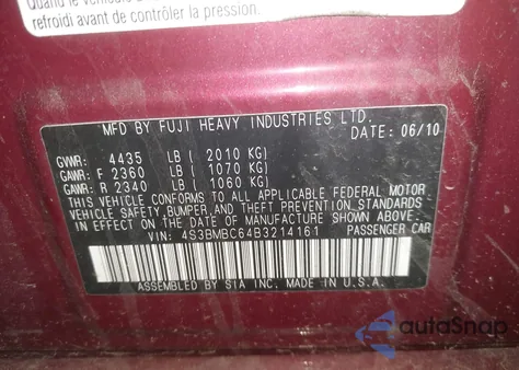 2011 Subaru Legacy 2.5I Premium из США, поврежденный, VIN 4S3BMBC64B3214161